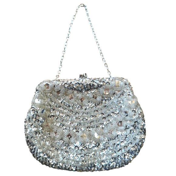 Vintage Handmade Silver Beaded Evening Bag Clutch Kiss Lock with Optional Chain - Picture 4 of 11